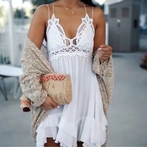 Free People One Adella Slip Dress Women White Lace Strap  Ruffle Boho Sz XS